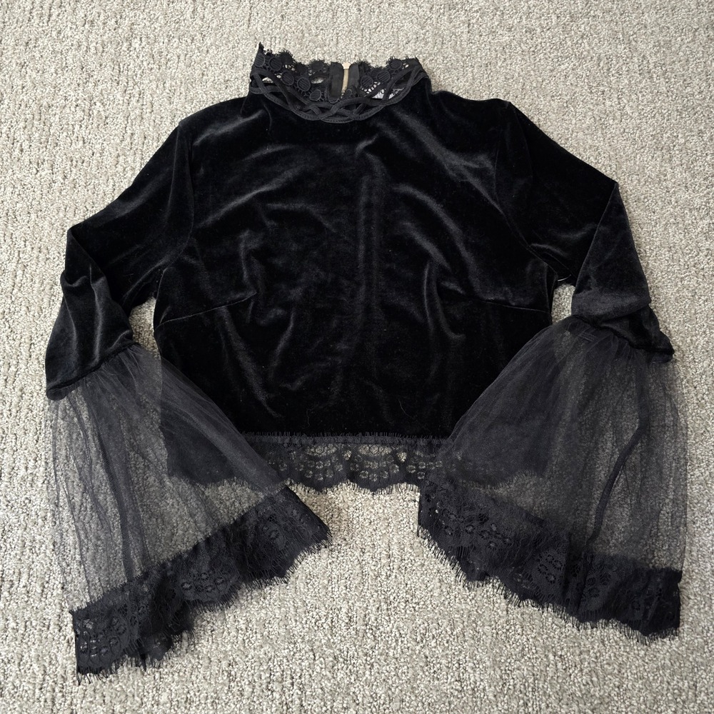 MONACO Black Velvet Lace Crop Top Sheer Bell Sleeve Whimsigoth Made USA